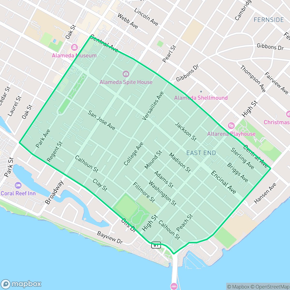 Map showing the location of East End, Alameda, CA