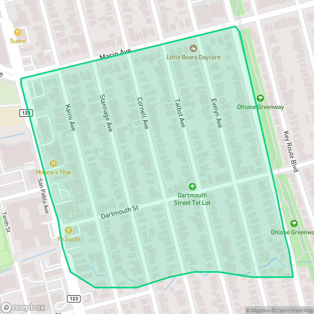 Map showing the location of Dartmouth, Albany, CA