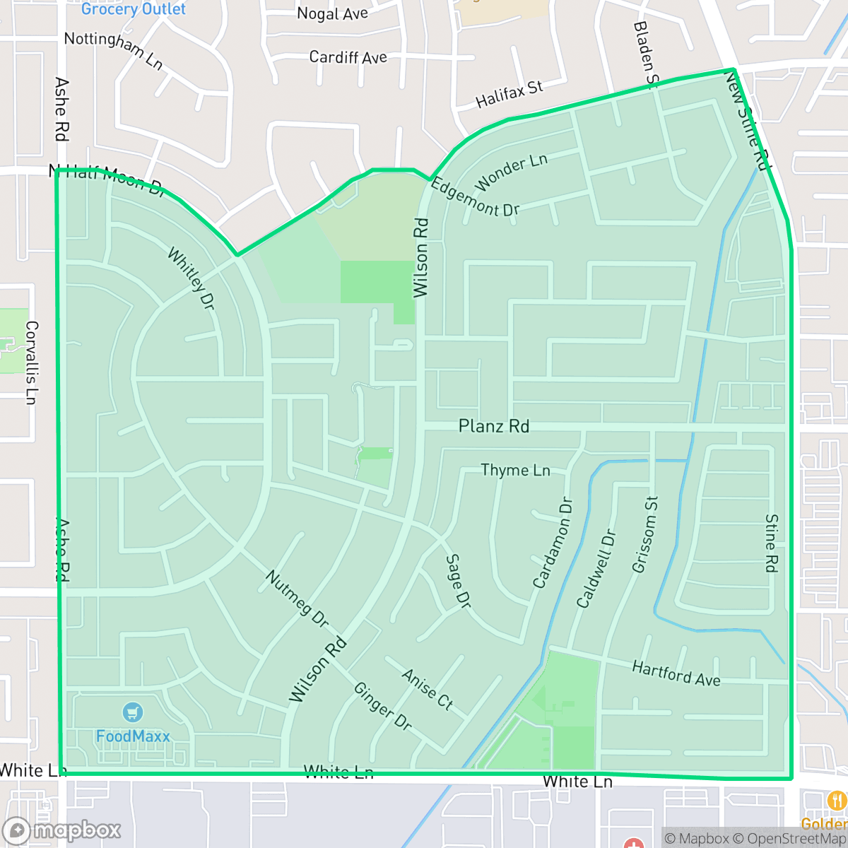 Map showing the location of Spice Tract, Bakersfield, CA