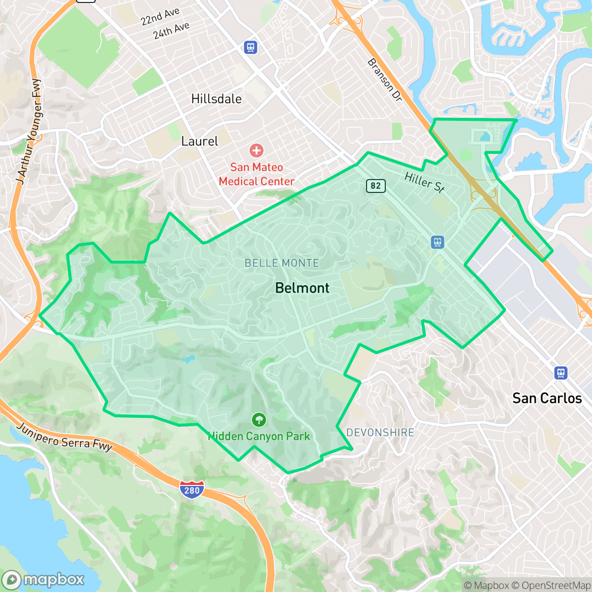 Map showing the location of Belmont, CA — coverage area