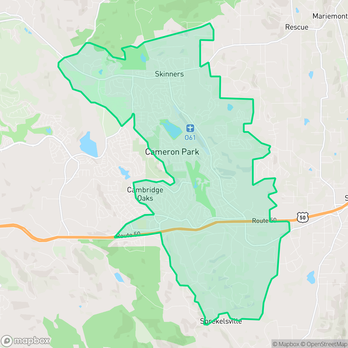 Map showing the location of Cameron Park, CA — coverage area