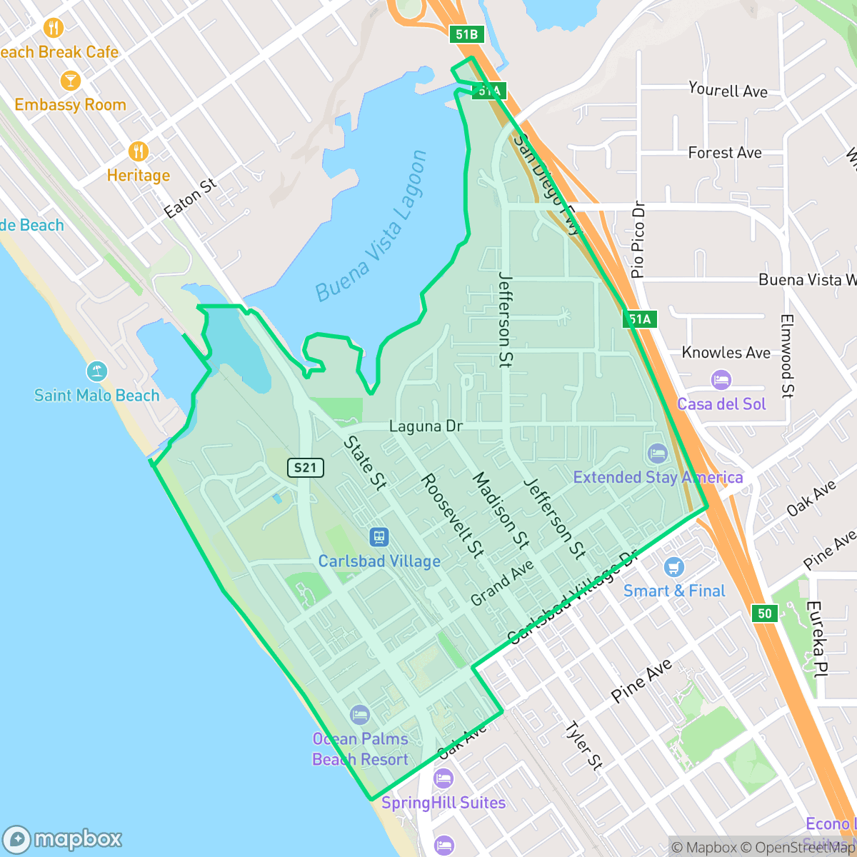 Map showing the location of Village, Carlsbad, CA