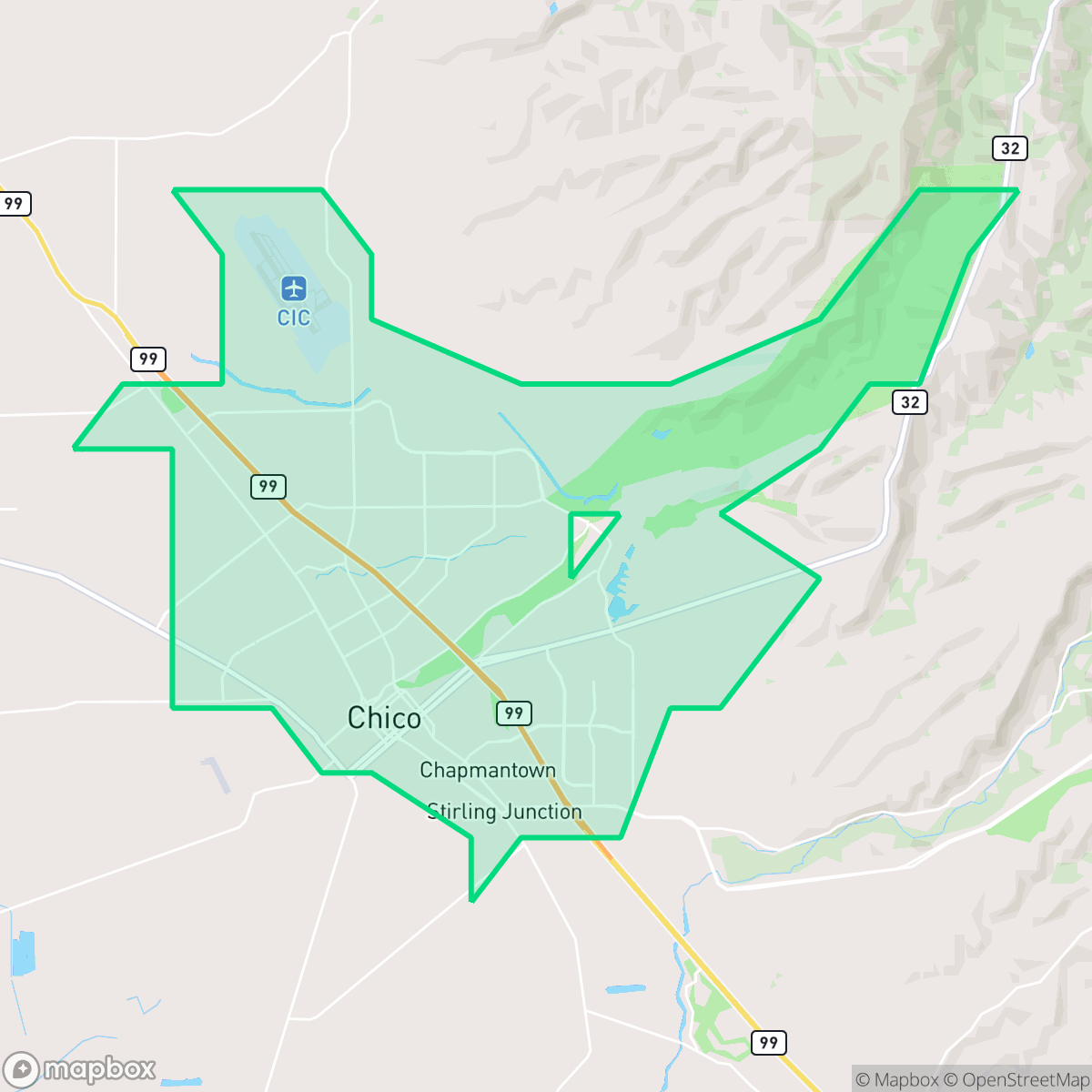 Map showing the location of Chico, CA — coverage area