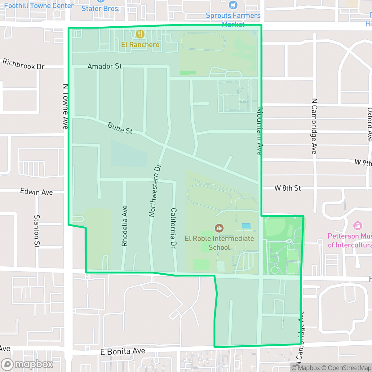 Map showing the location of Mountain View, Claremont, CA