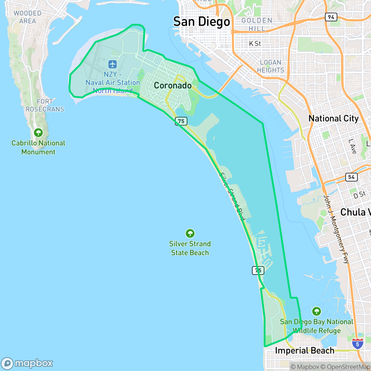 Map showing the location of Coronado, CA — coverage area