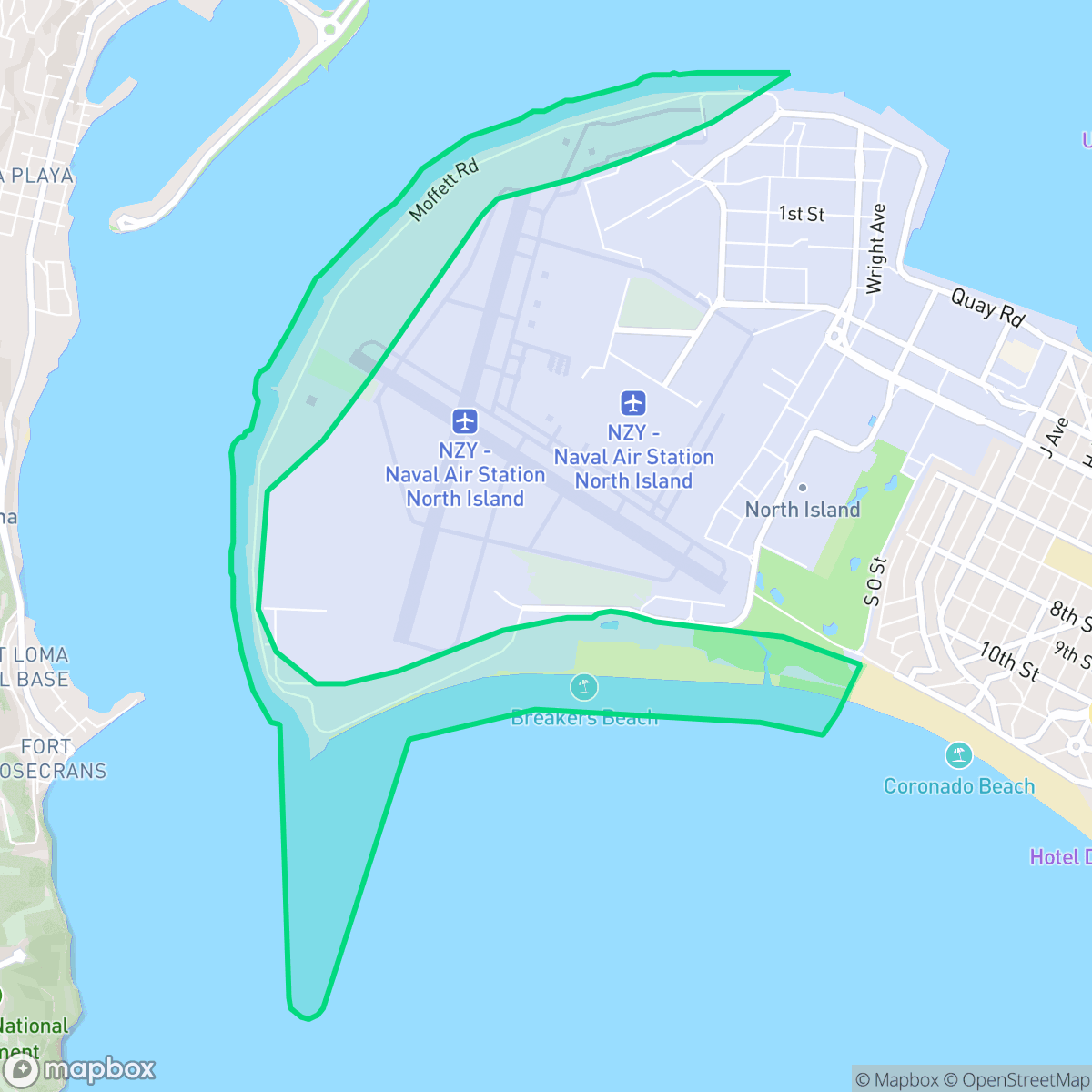 Map showing the location of North Island Naval Air Station, Coronado, CA