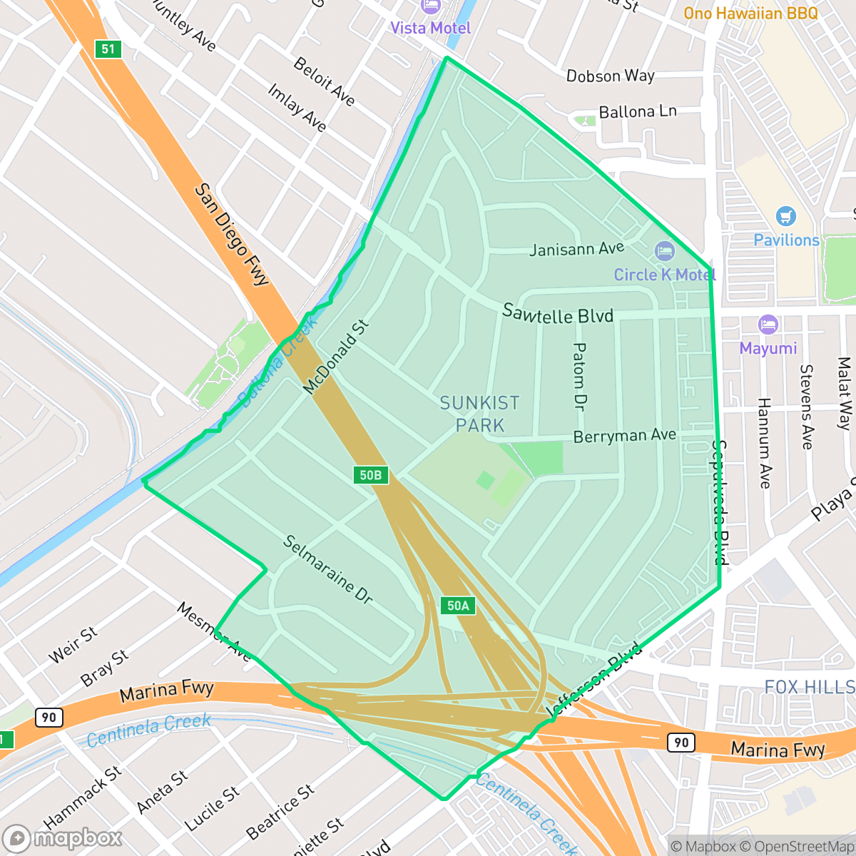 Map showing the location of Sunkist Park, Culver City, CA