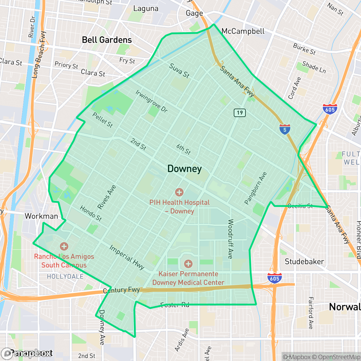 Map showing the location of Downey, CA — coverage area