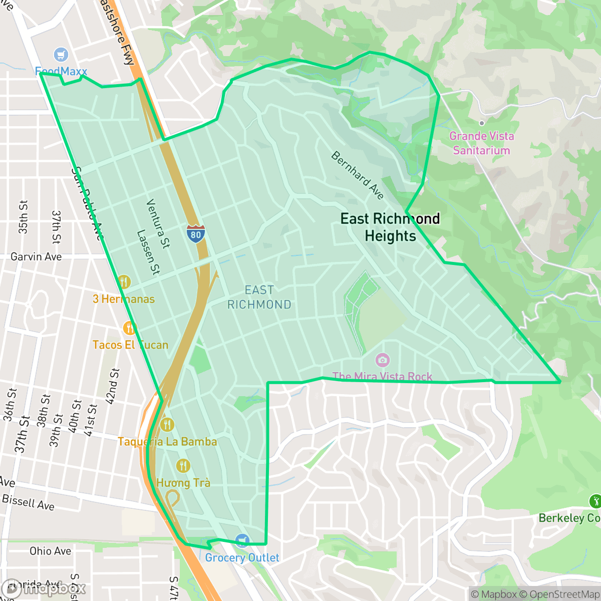 Map showing the location of Richmond Heights/East Richmond, East Richmond Heights, CA