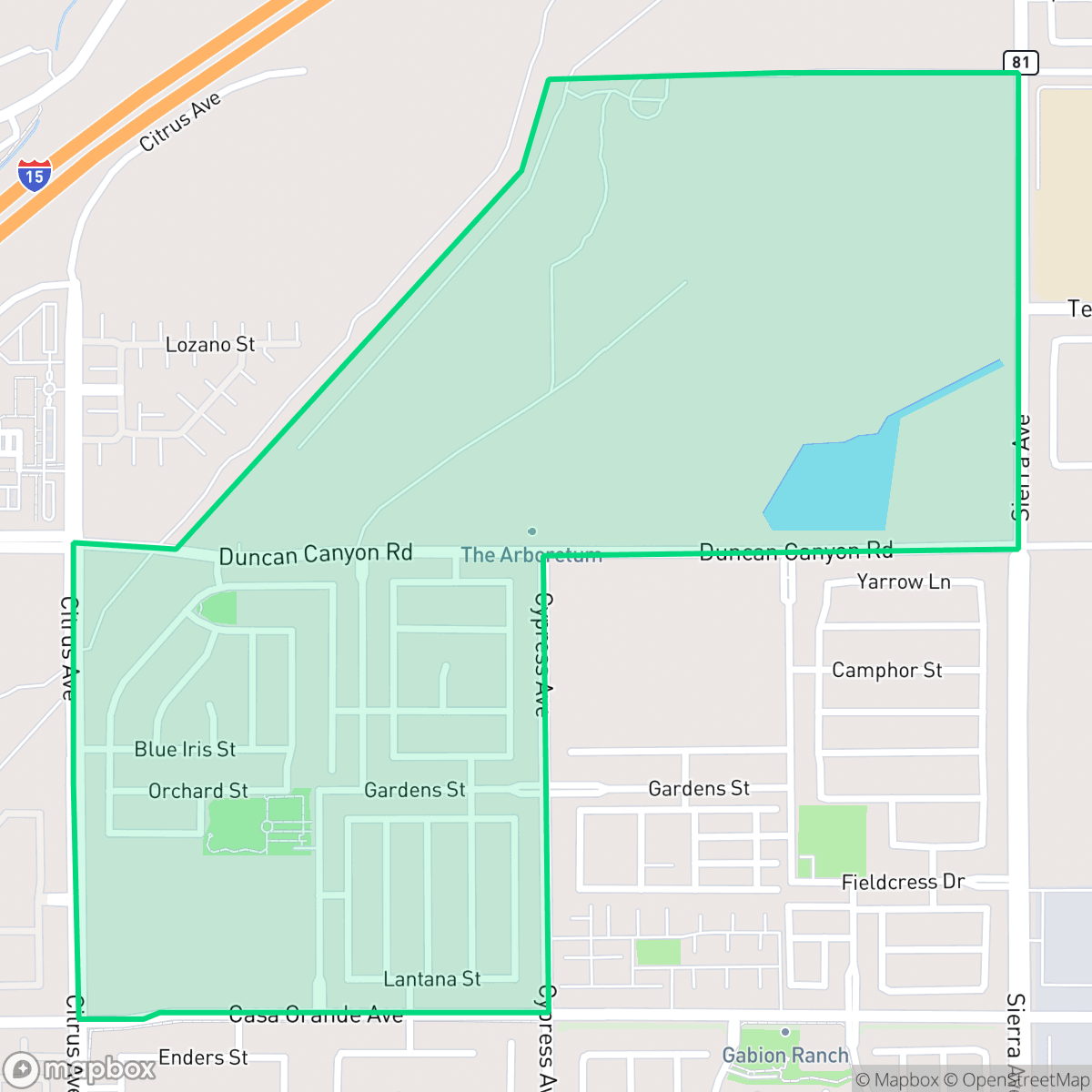Map showing the location of The Arboretum, Fontana, CA