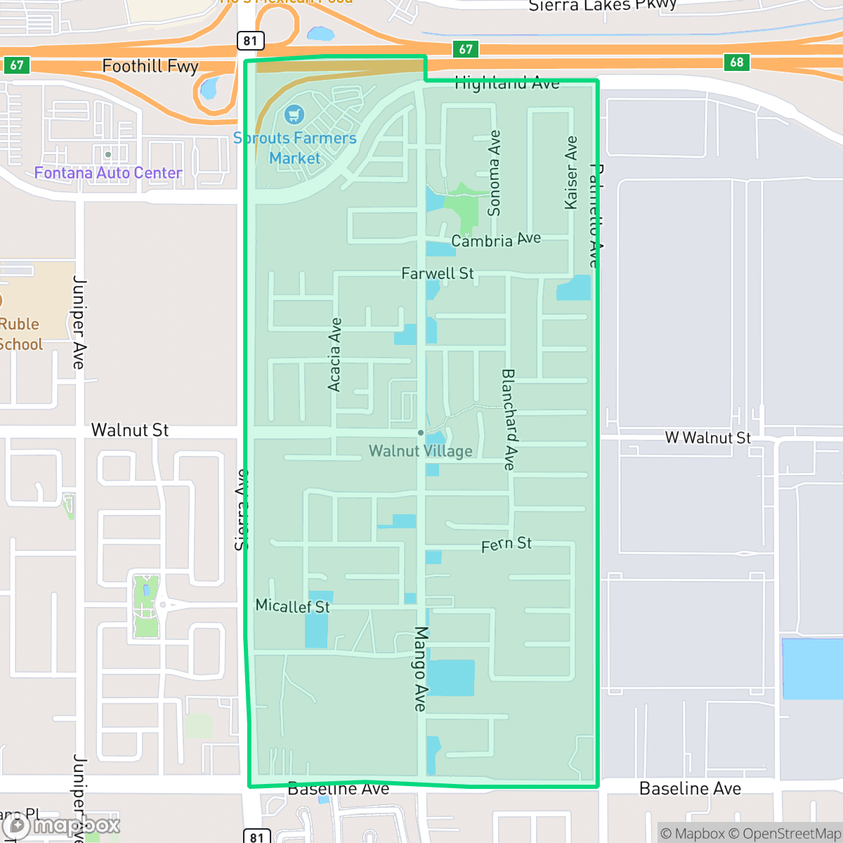 Map showing the location of Walnut Village, Fontana, CA