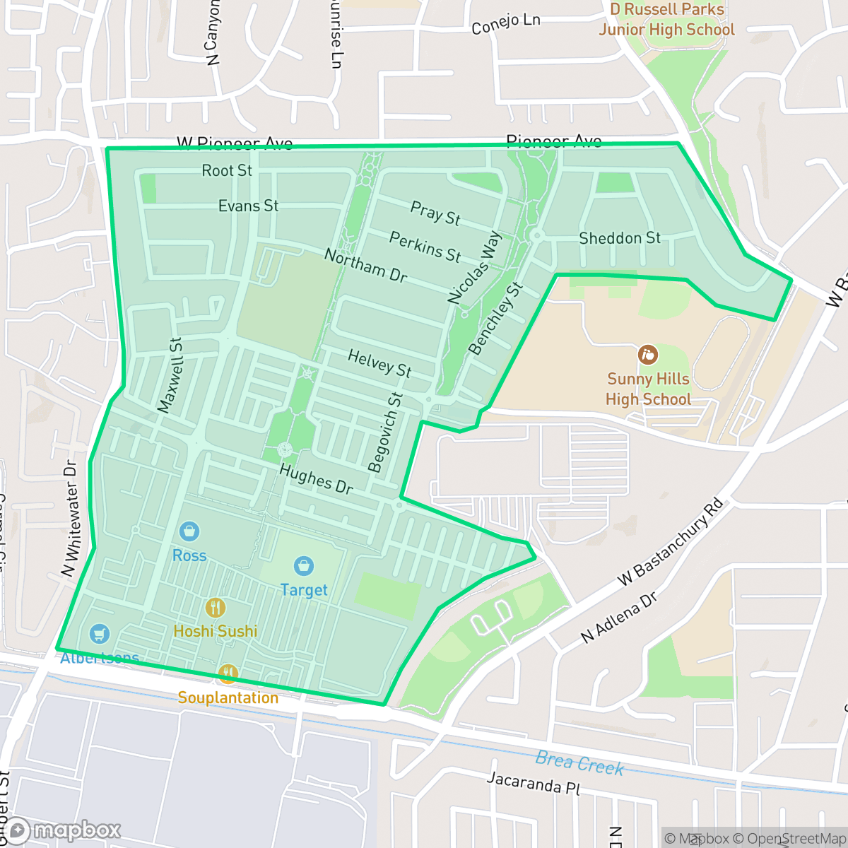 Map showing the location of Amerige Heights, Fullerton, CA