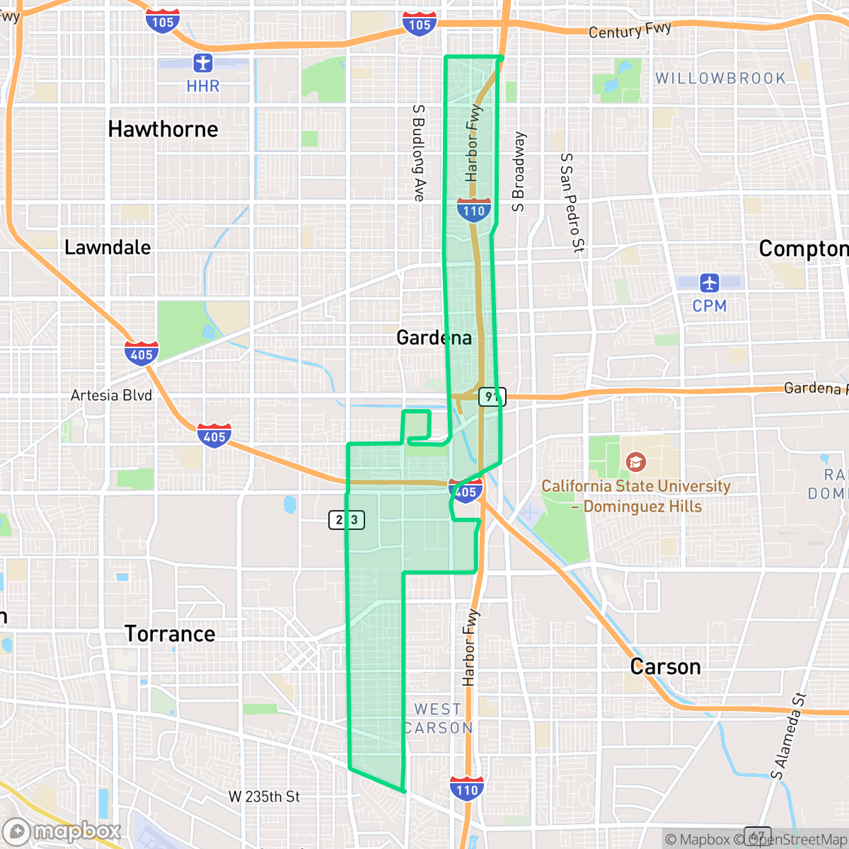 Map showing the location of Harbor Gateway, Gardena, CA