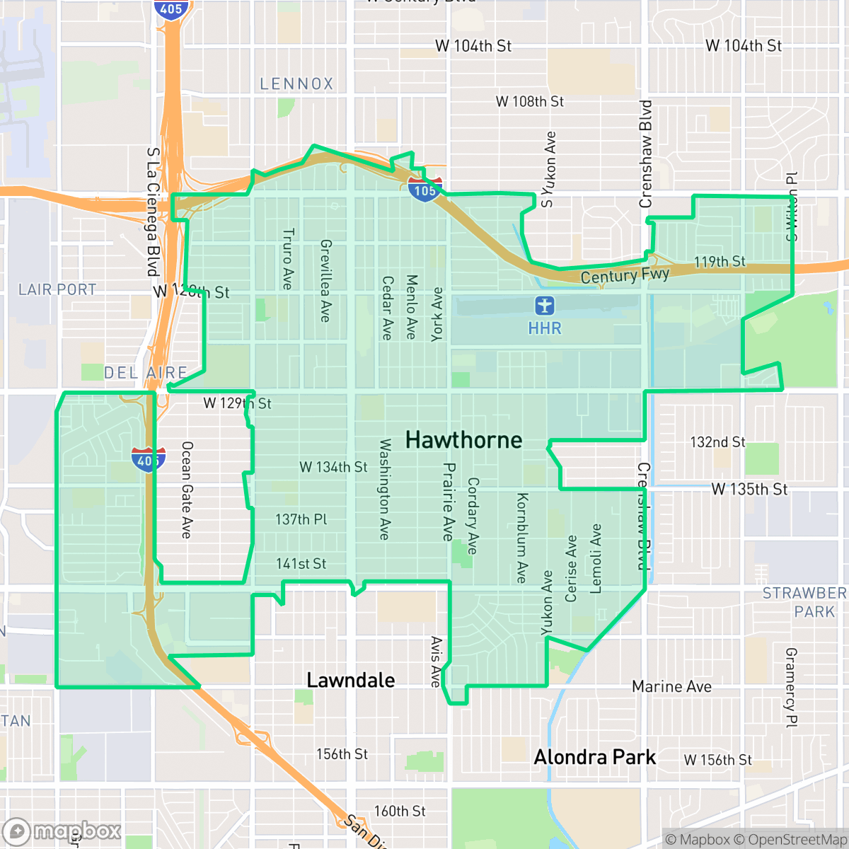 Map showing the location of Hawthorne, CA — coverage area