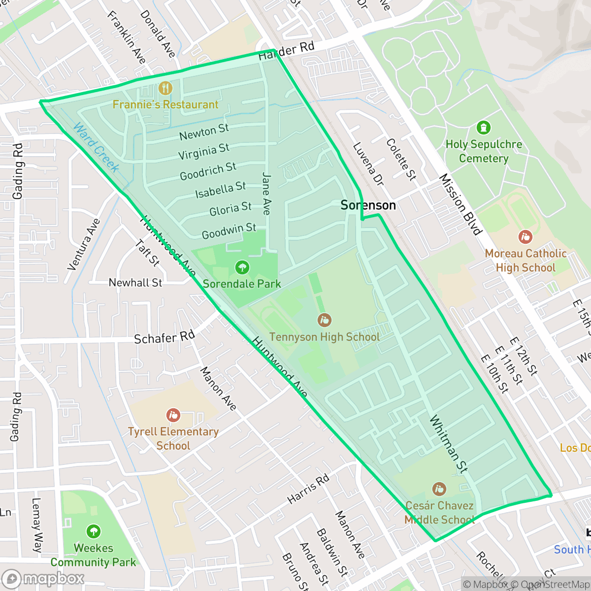 Map showing the location of Whitman-Mocine, Hayward, CA