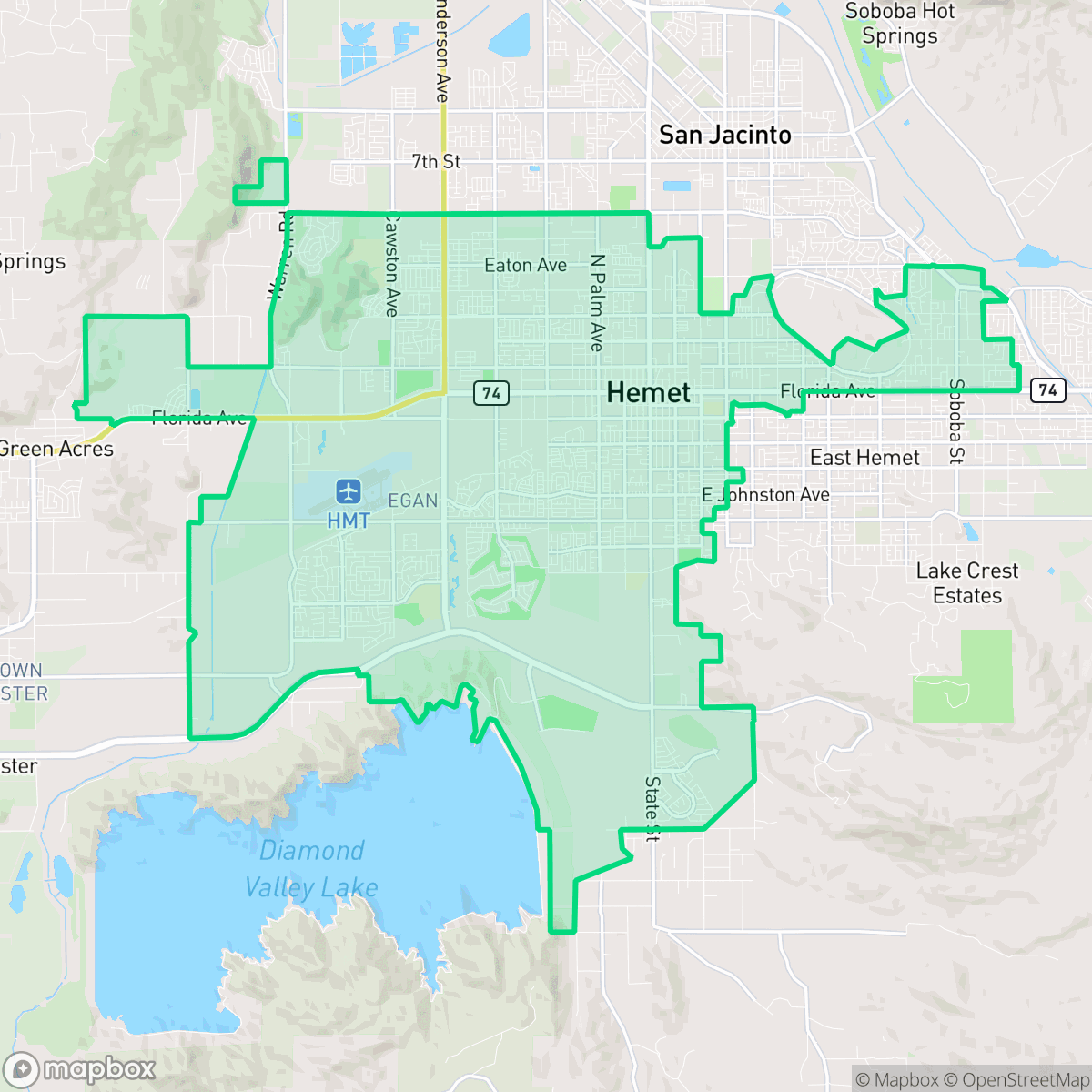 Map showing the location of Hemet, CA — coverage area