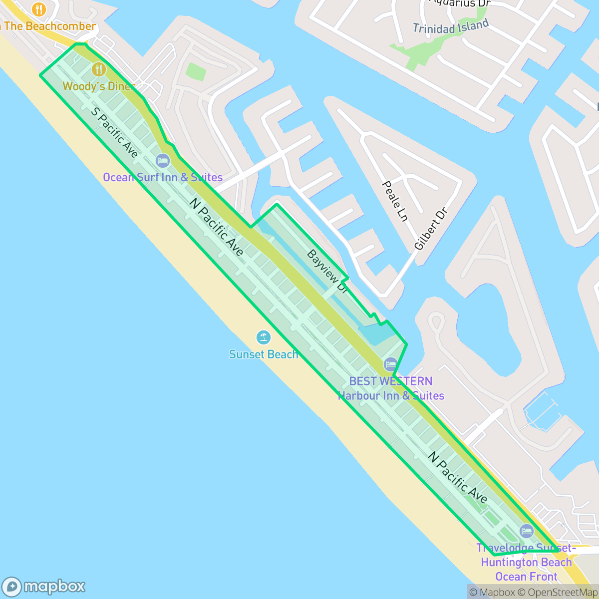 Map showing the location of Sunset Beach, Huntington Beach, CA