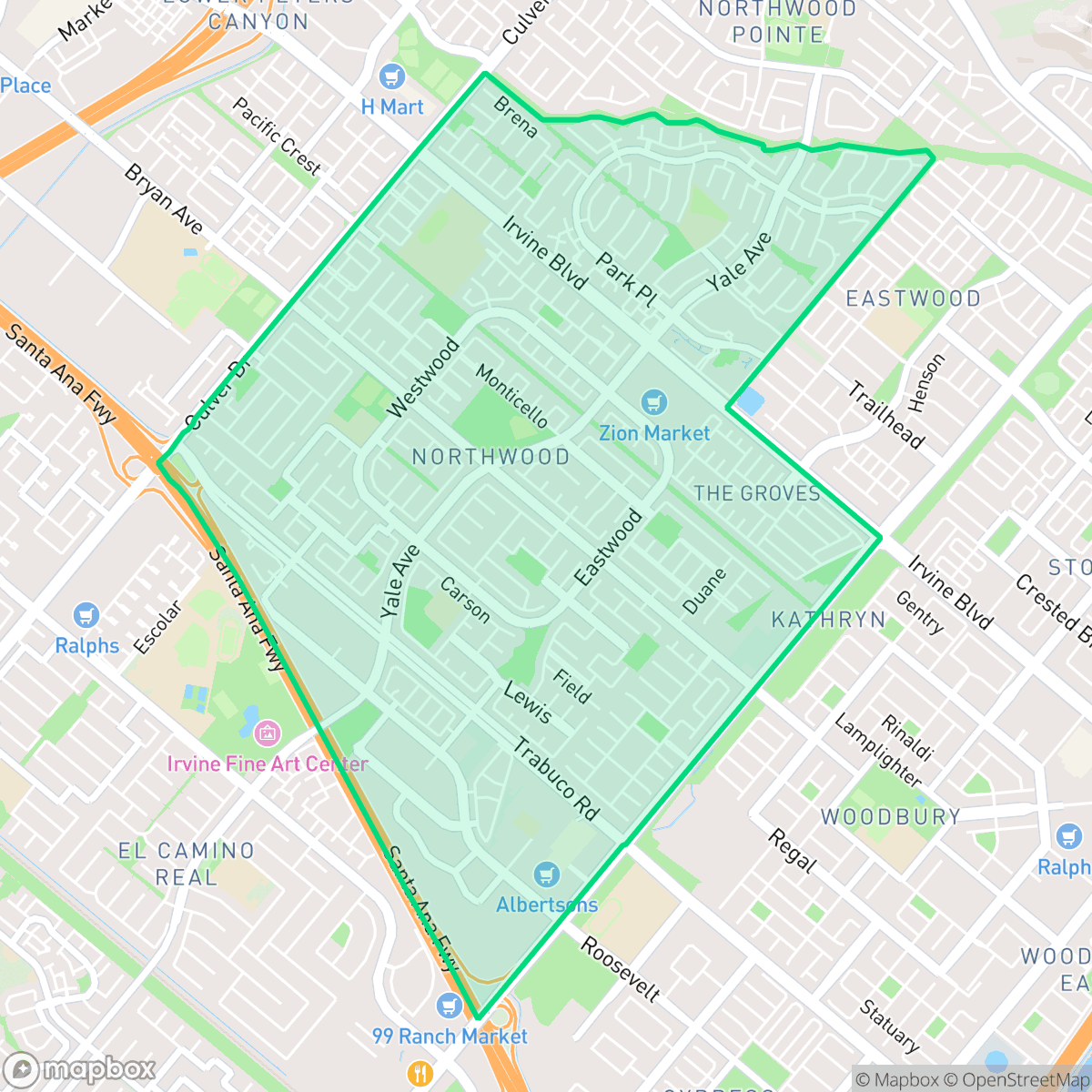 Map showing the location of Northwood, Irvine, CA