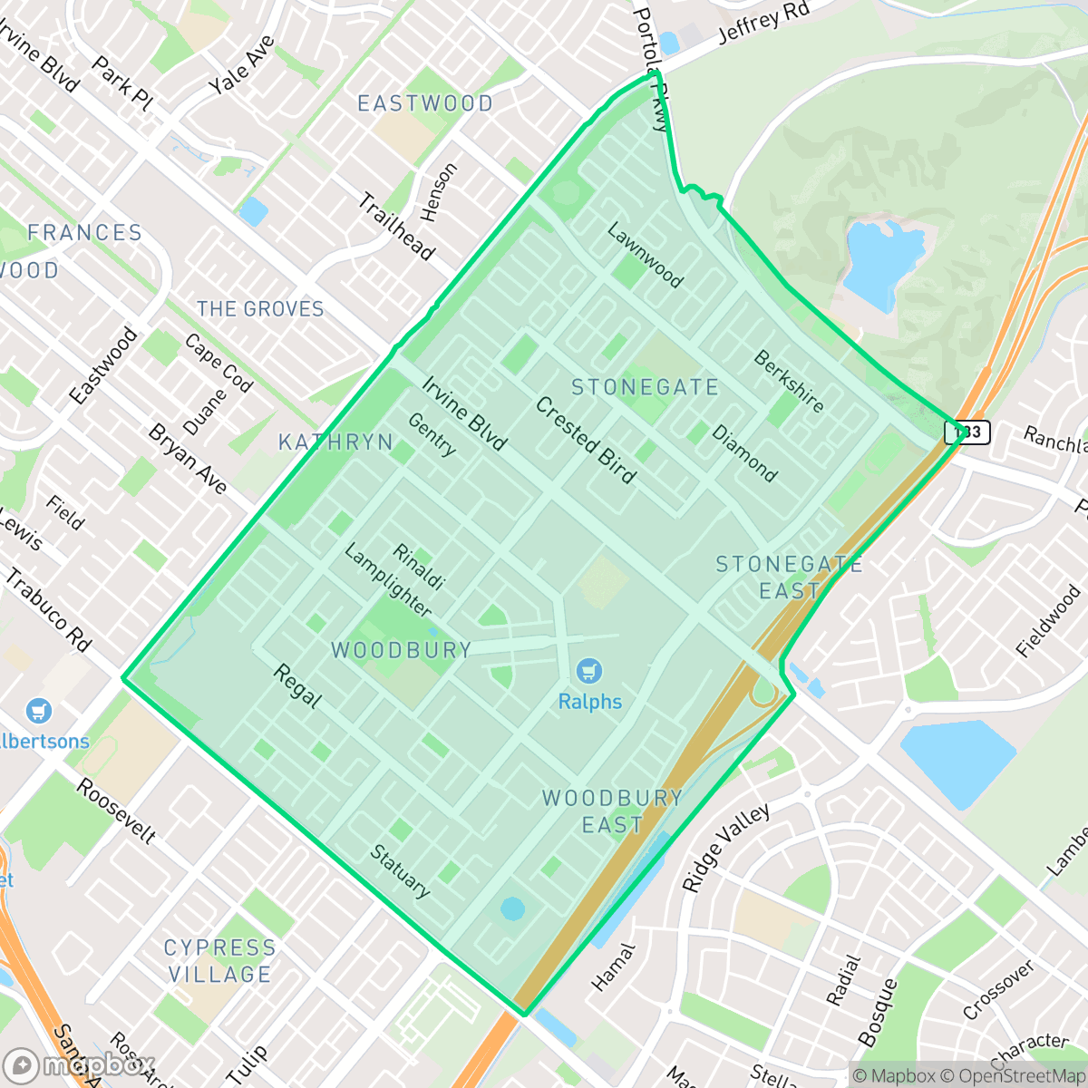Map showing the location of Woodbury, Irvine, CA