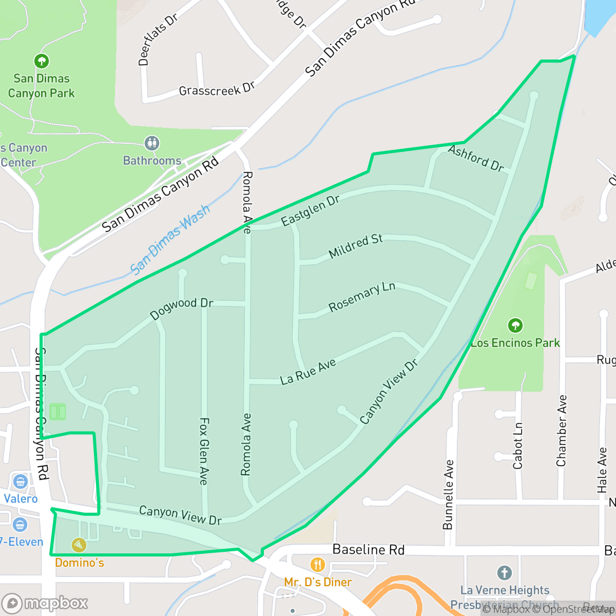 Map showing the location of Foxglen, La Verne, CA