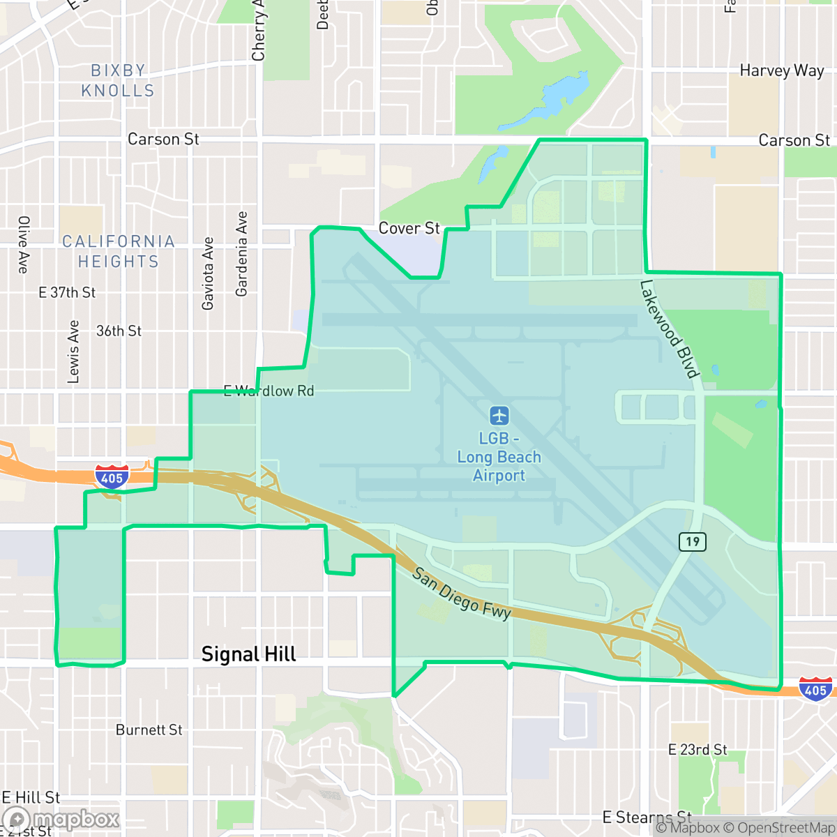 Map showing the location of Airport Area, Long Beach, CA