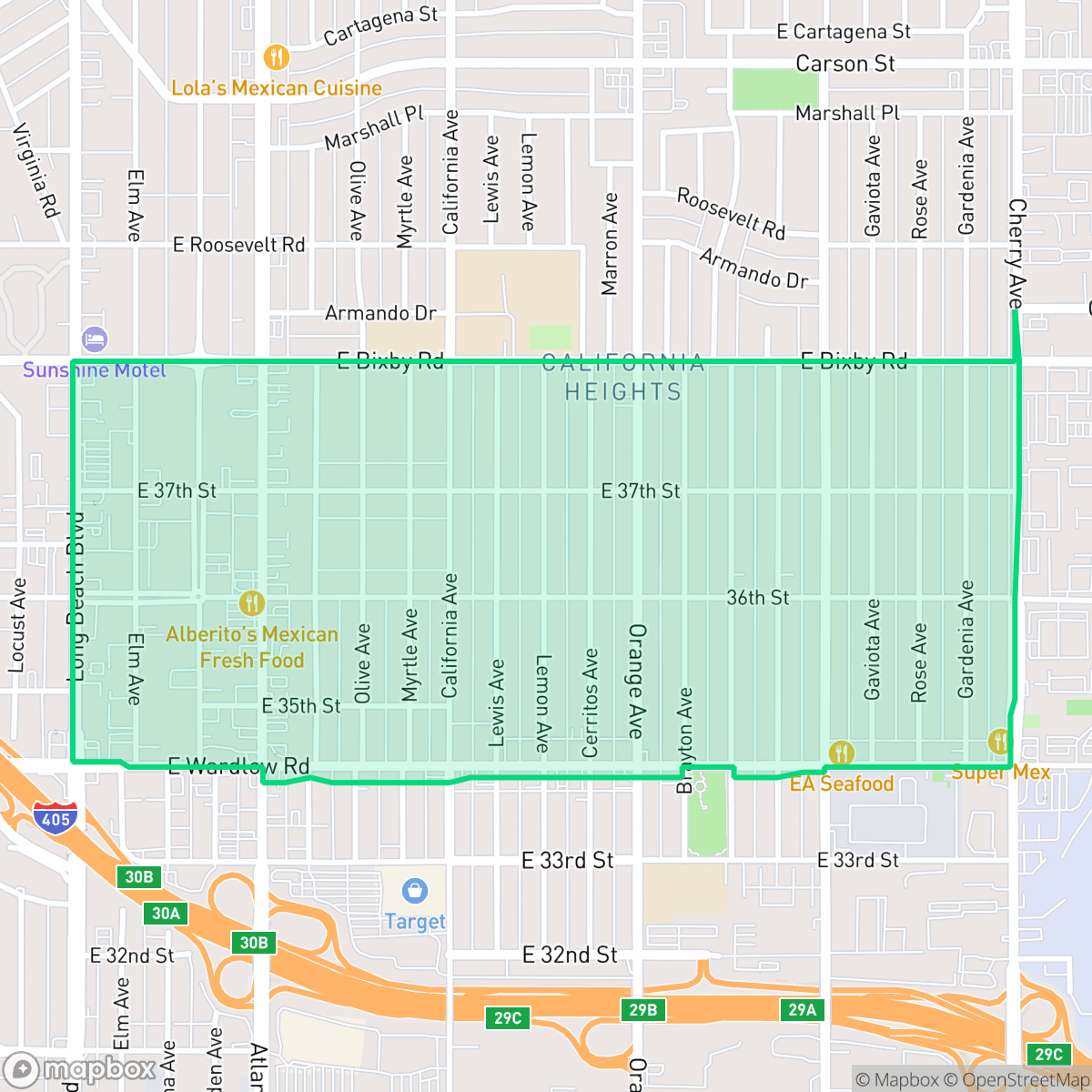 Map showing the location of California Heights, Long Beach, CA