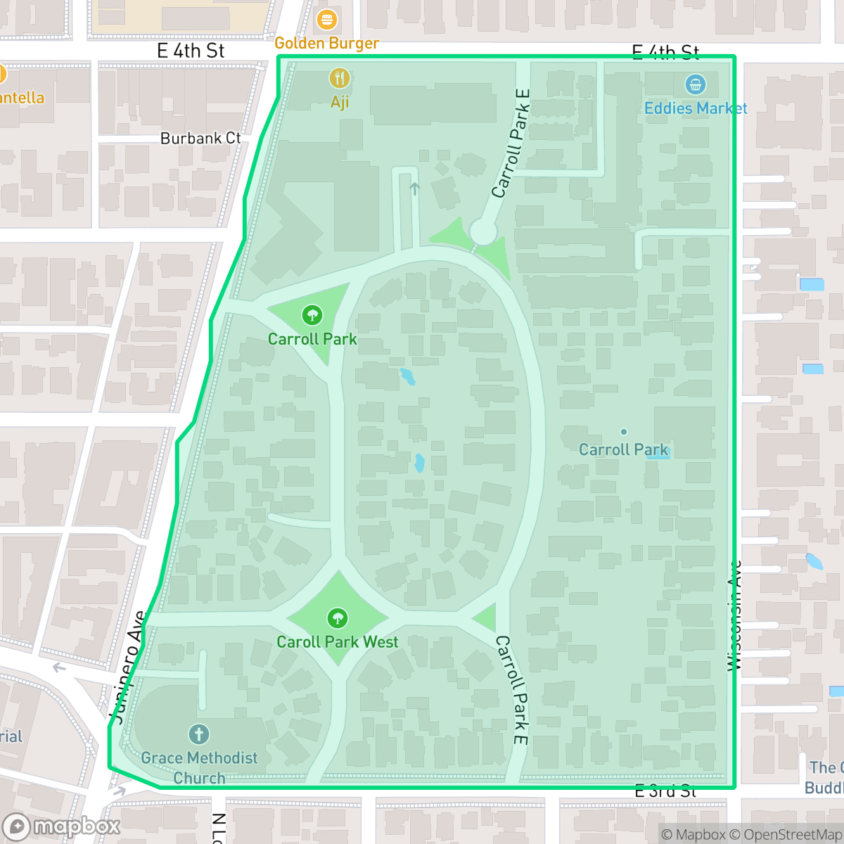 Map showing the location of Carroll Park, Long Beach, CA