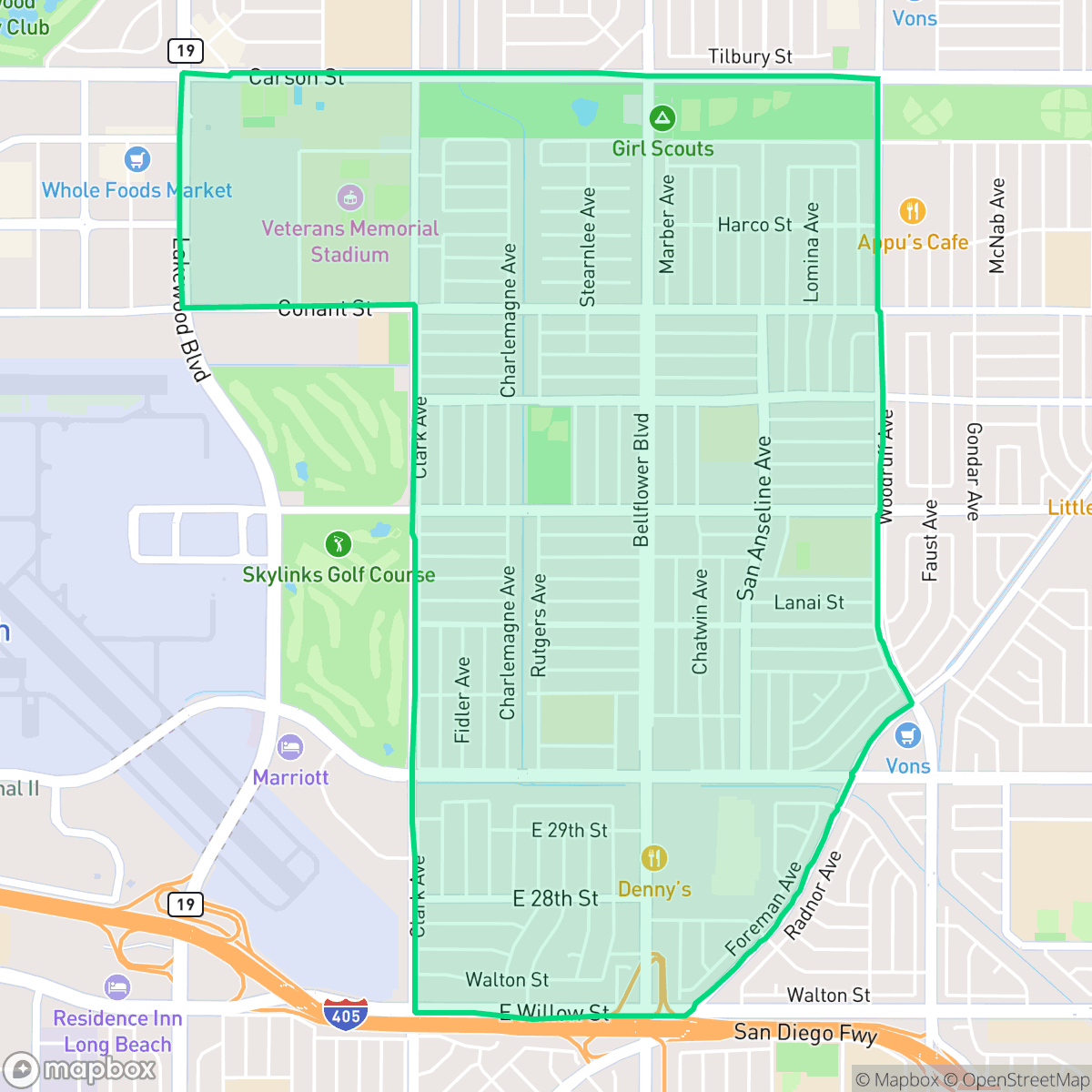 Map showing the location of City College Area, Long Beach, CA