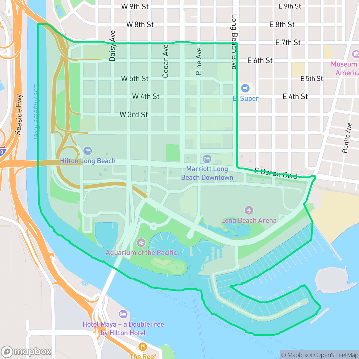 Map showing the location of Downtown, Long Beach, CA