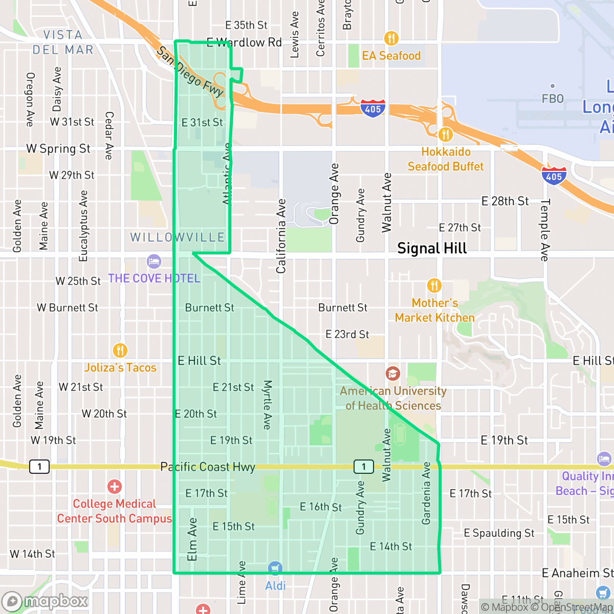 Map showing the location of Poly High District, Long Beach, CA