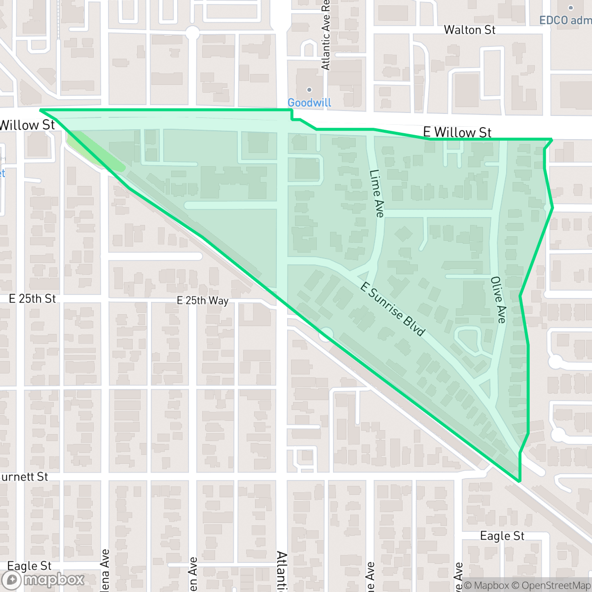Map showing the location of Sunrise, Long Beach, CA