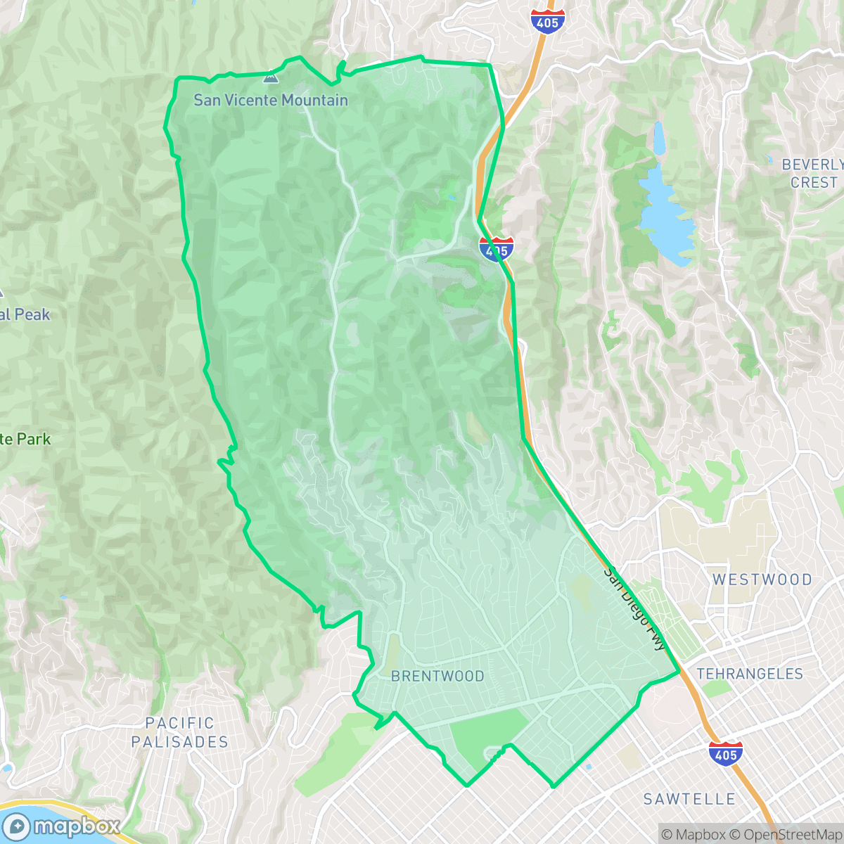 Map showing the location of Brentwood, Los Angeles, CA