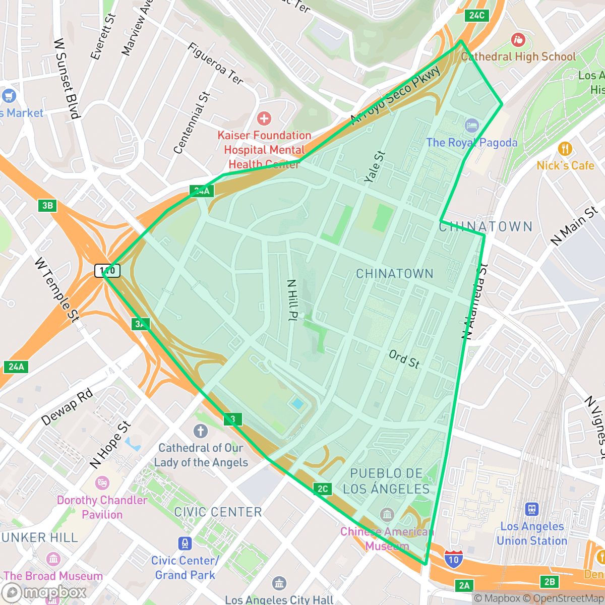 Map showing the location of Chinatown, Los Angeles, CA