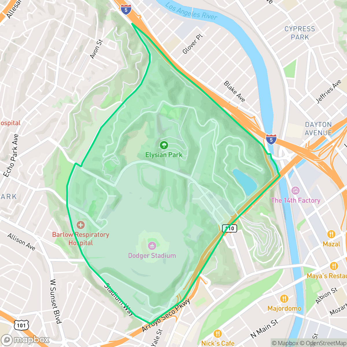 Map showing the location of Elysian Park, Los Angeles, CA