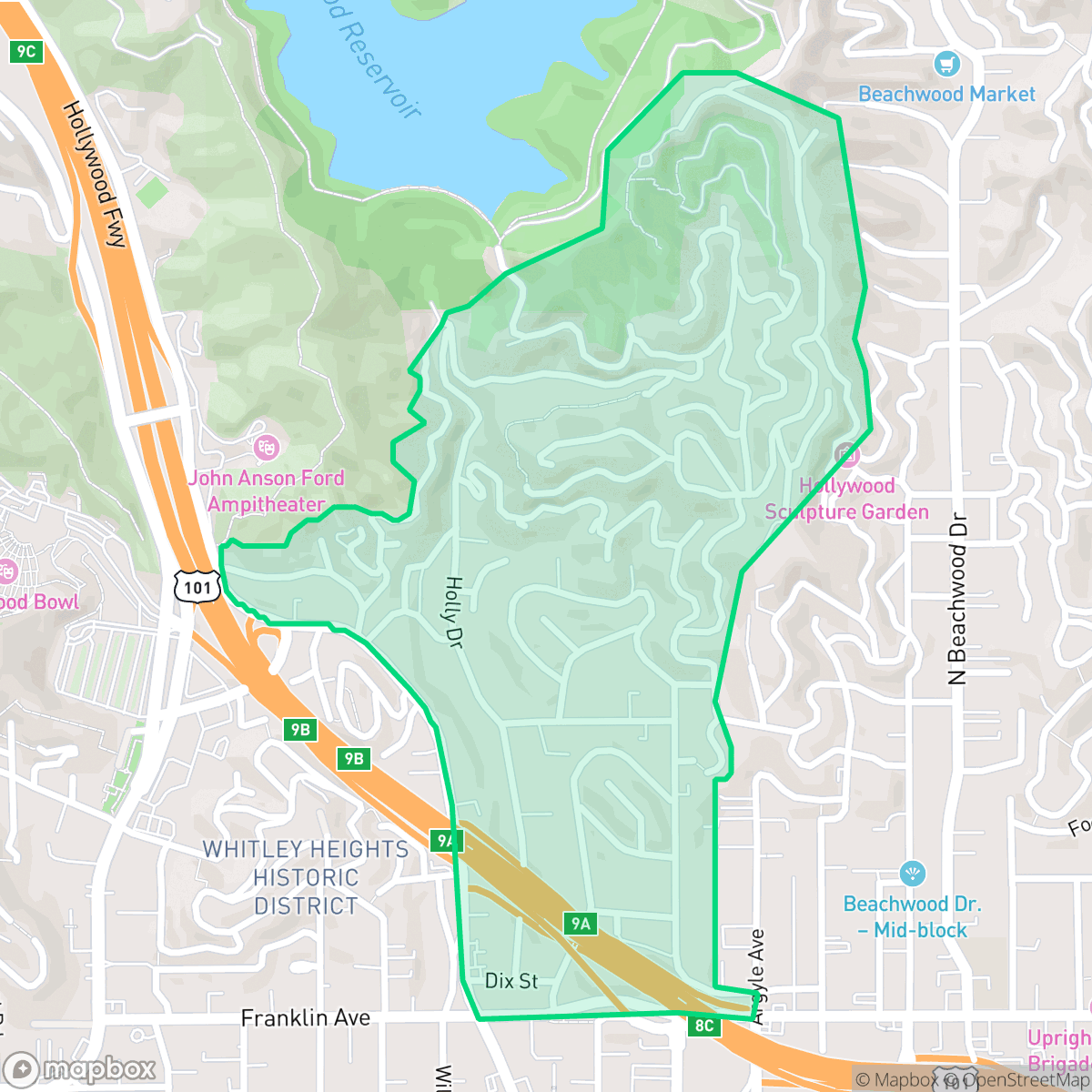 Map showing the location of Hollywood Dell, Los Angeles, CA