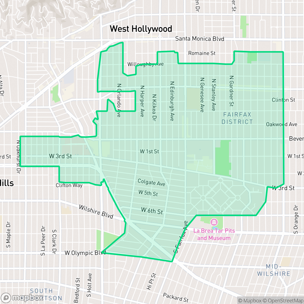Map showing the location of Mid City West, Los Angeles, CA