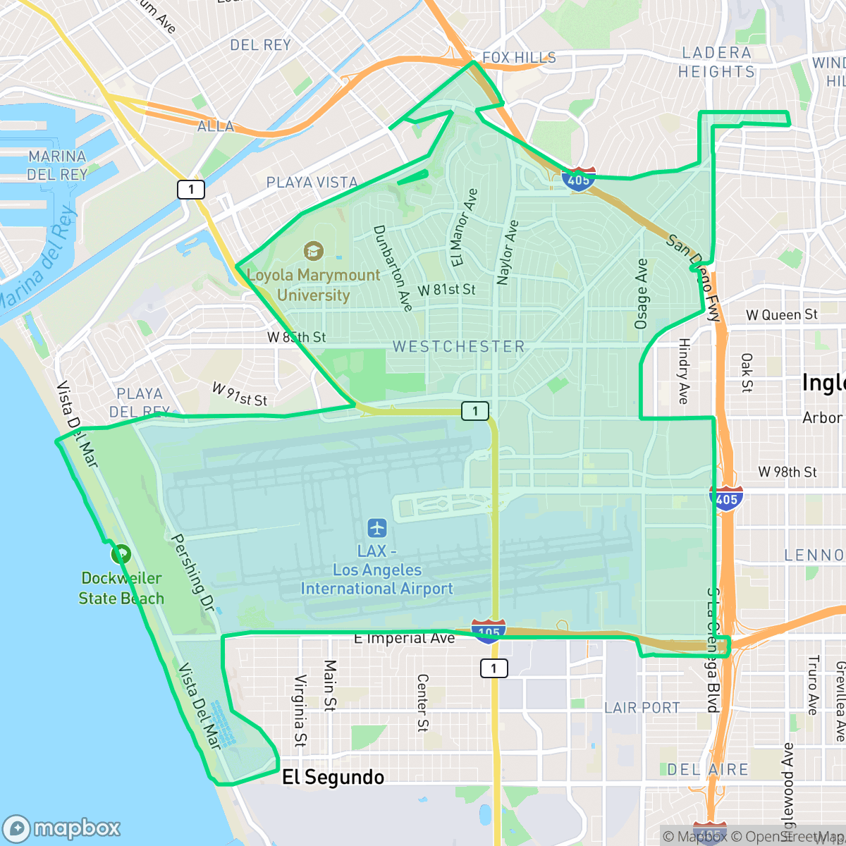 Map showing the location of Westchester, Los Angeles, CA