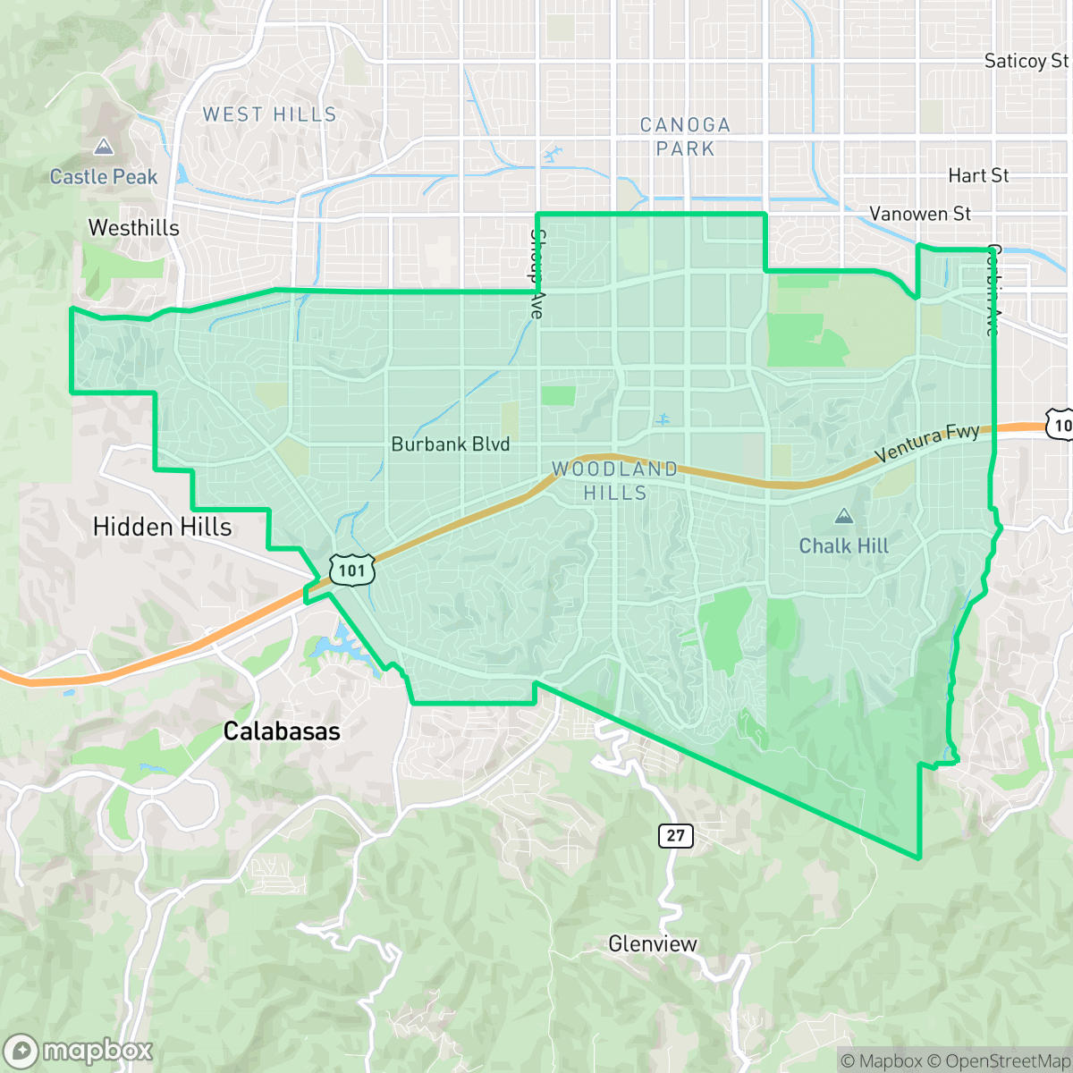 Map showing the location of Woodland Hills, Los Angeles, CA