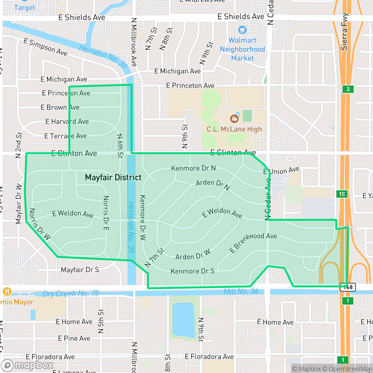 Map showing the location of Mayfair, CA — coverage area