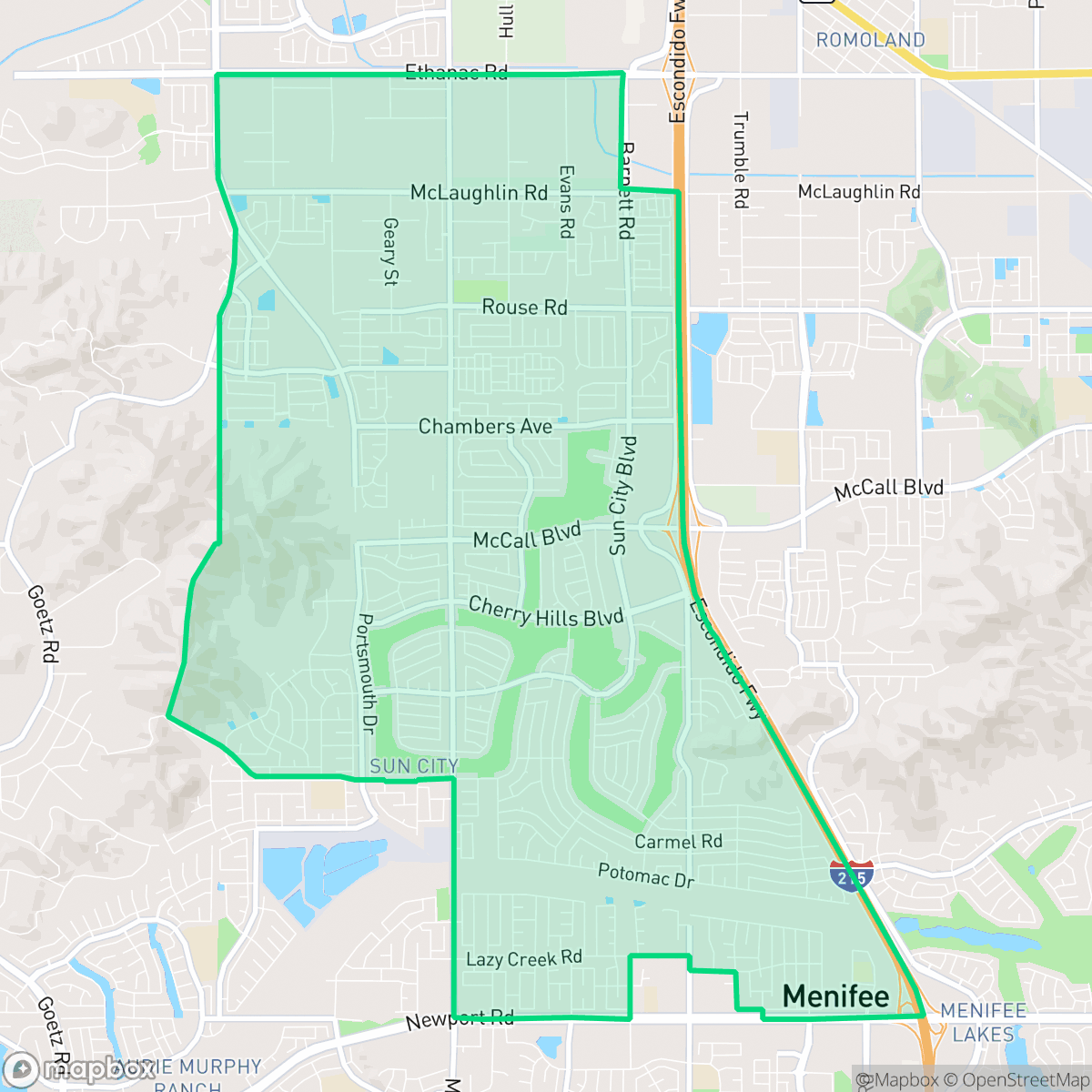 Map showing the location of Sun City, Menifee, CA