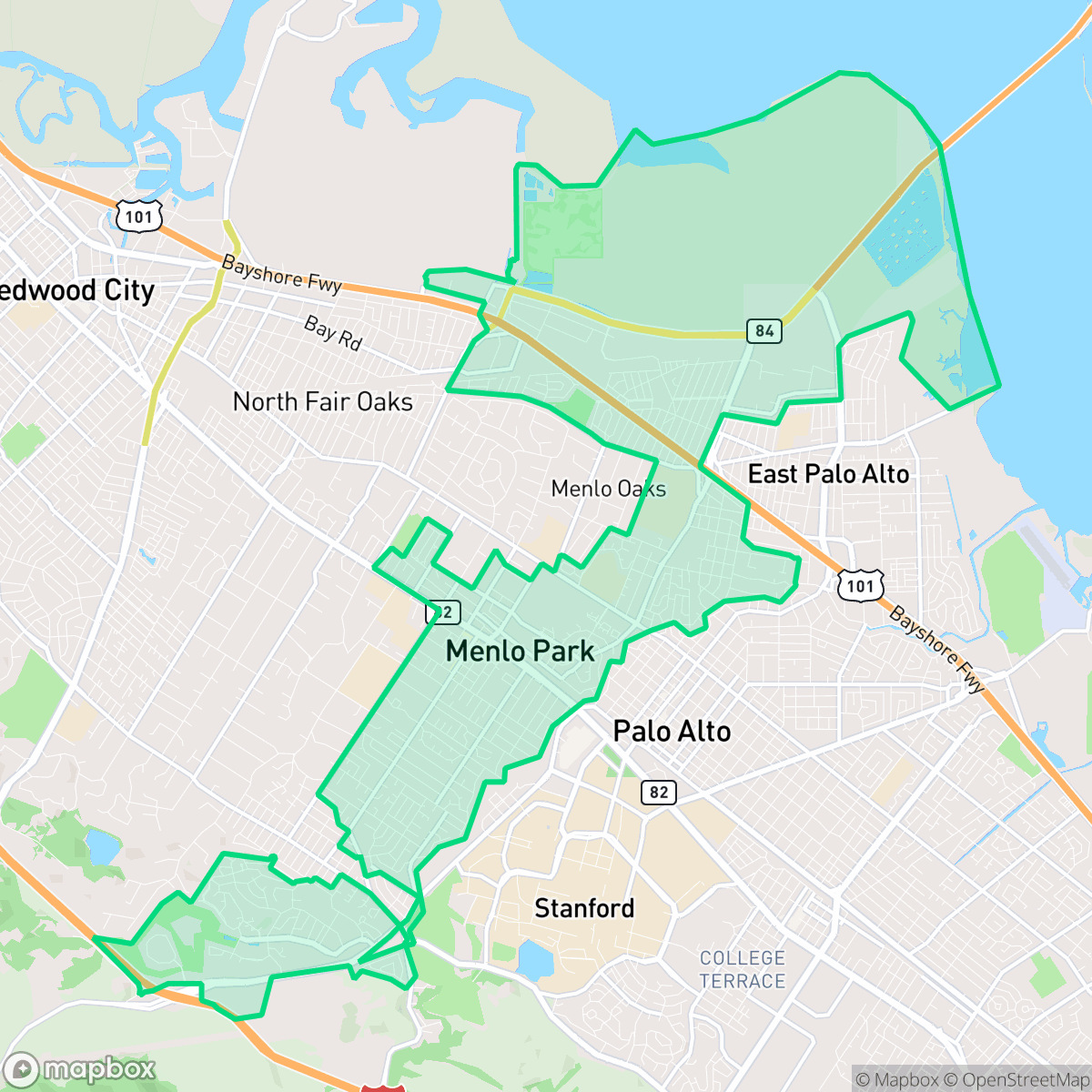 Map showing the location of Menlo Park, CA — coverage area