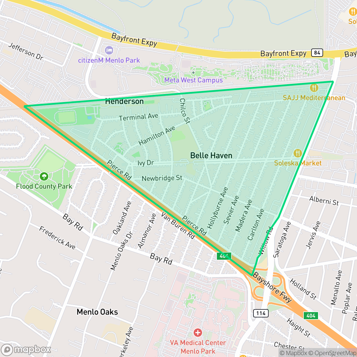 Map showing the location of Belle Haven, Menlo Park, CA