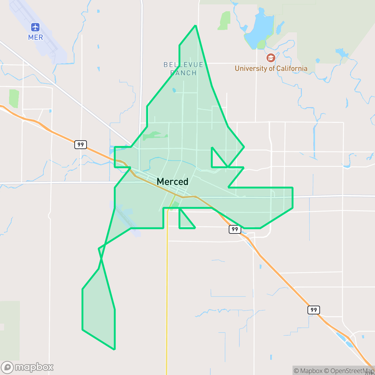 Map showing the location of Merced, CA — coverage area