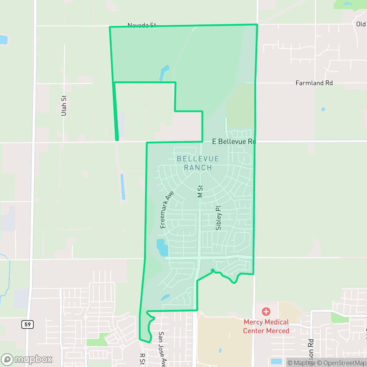 Map showing the location of Bellview Ranch, Merced, CA