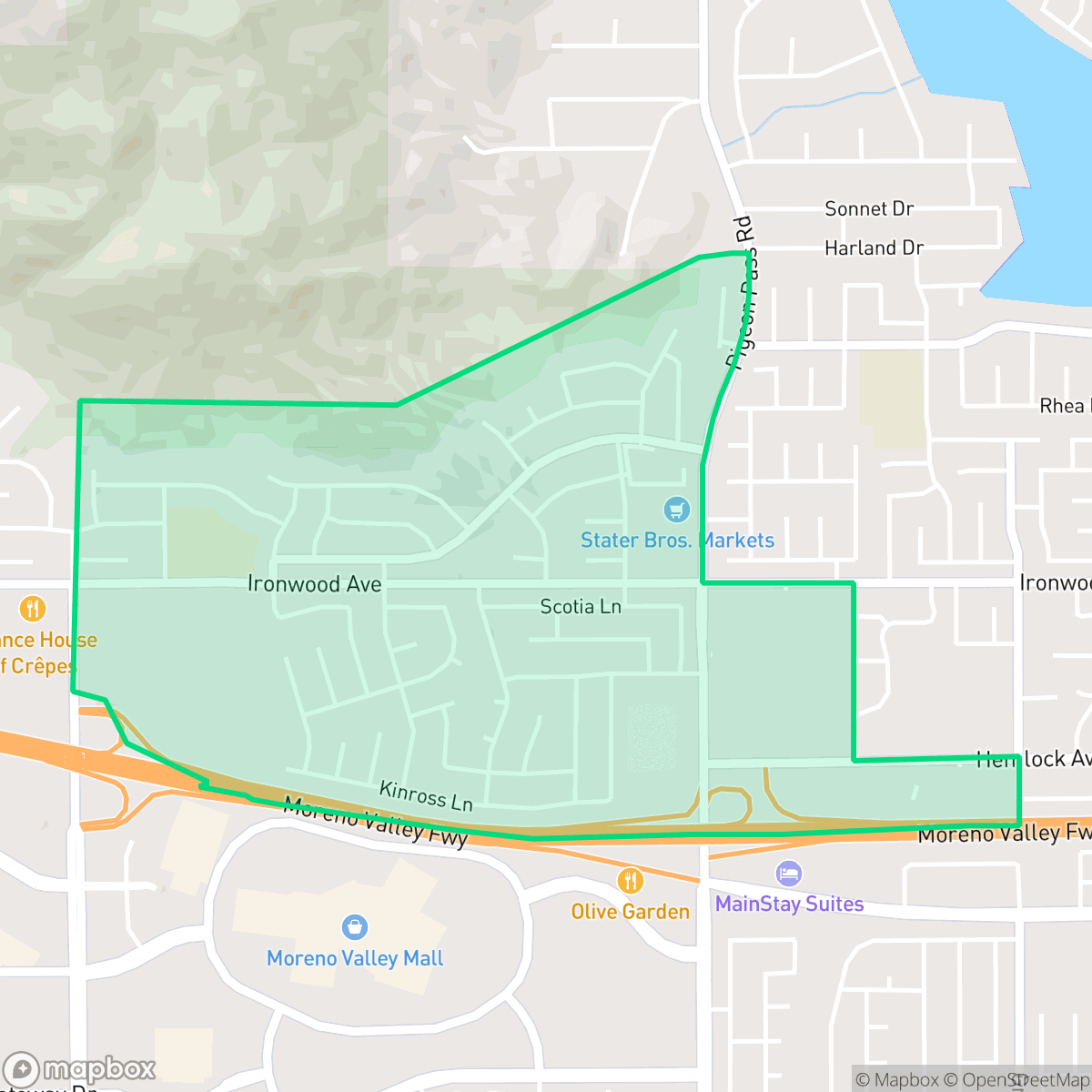 Map showing the location of Box Springs, Moreno Valley, CA