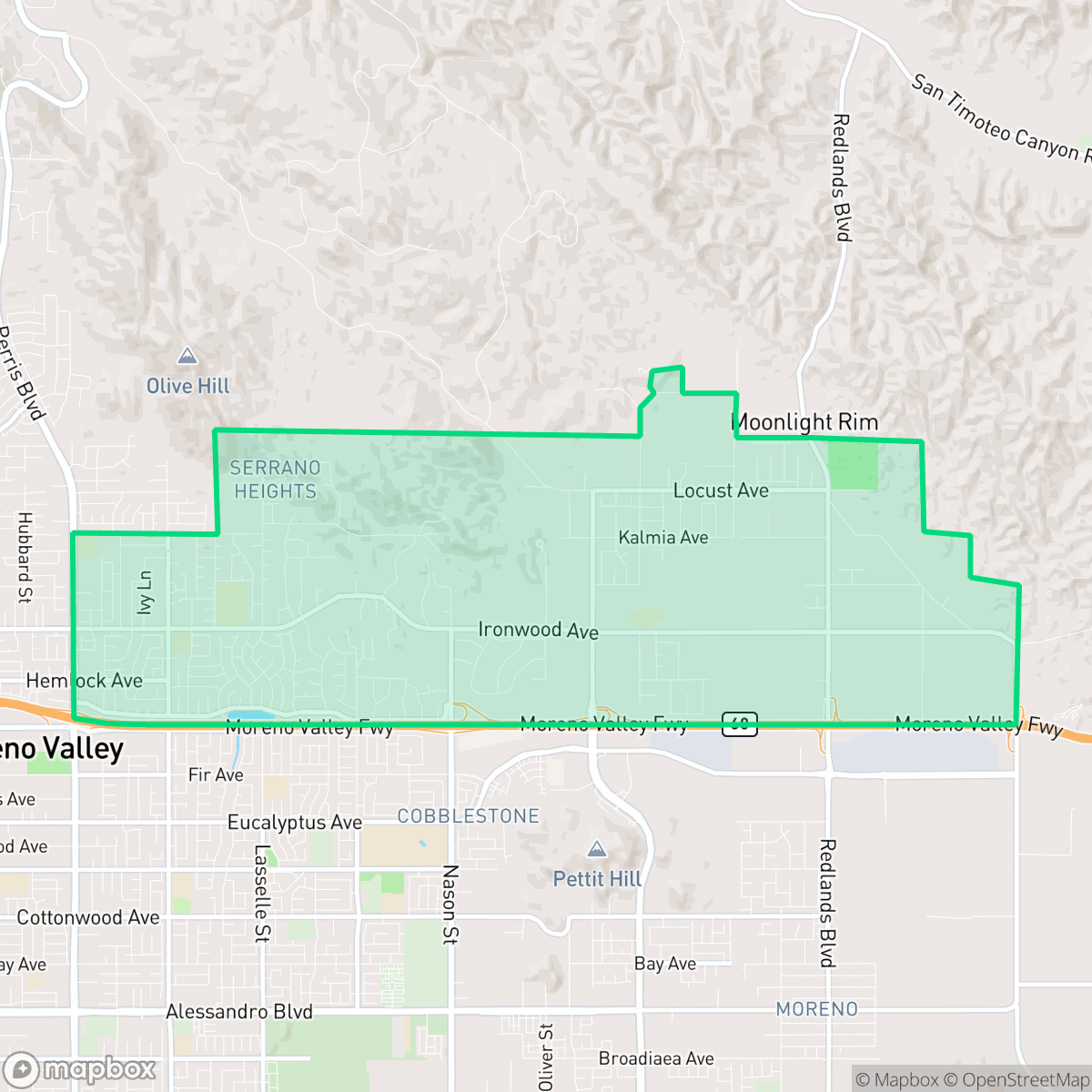Map showing the location of Cloverdale, Moreno Valley, CA