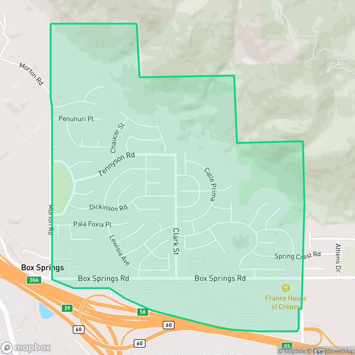 Map showing the location of Seneca, Moreno Valley, CA