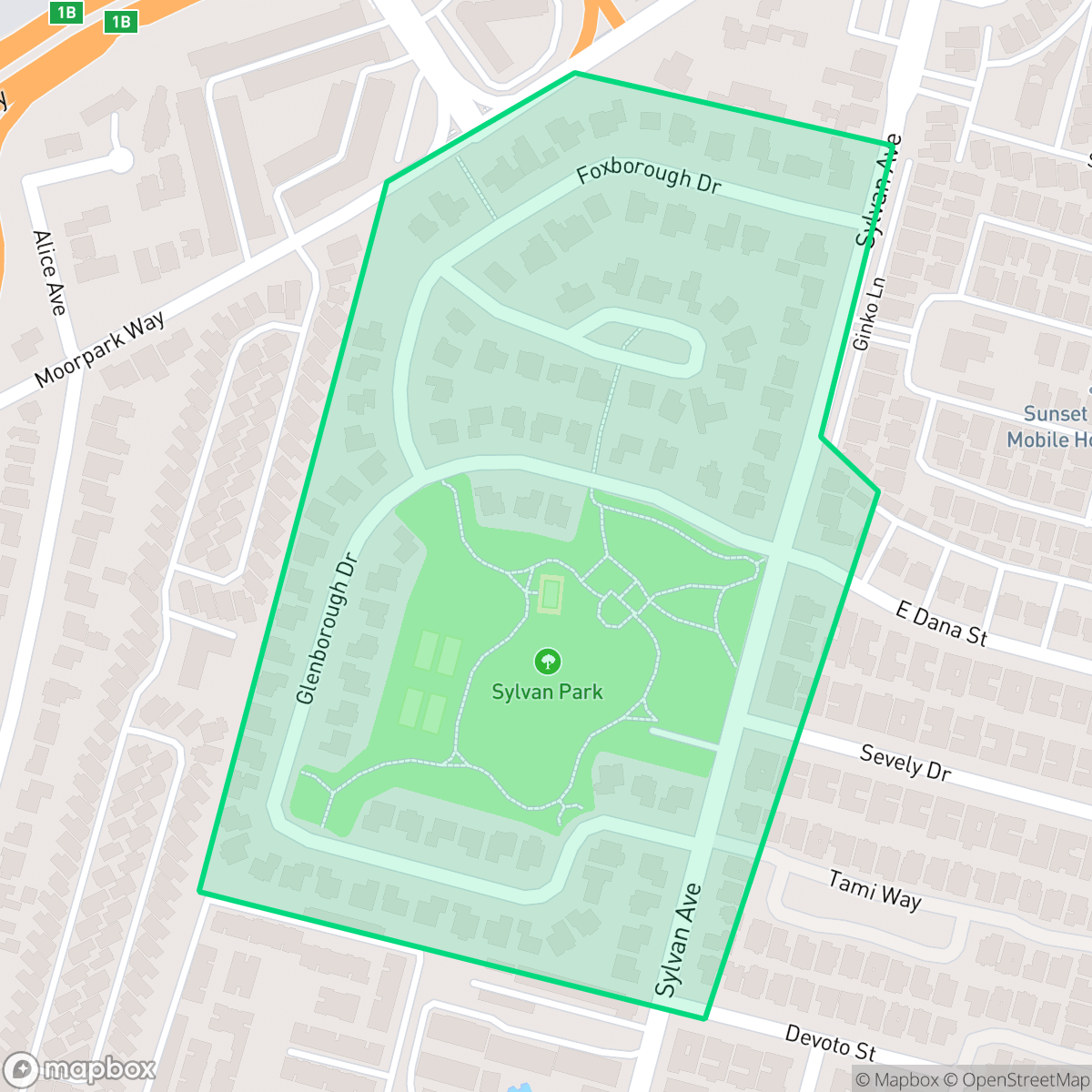 Map showing the location of Sylvan Park, Mountain View, CA