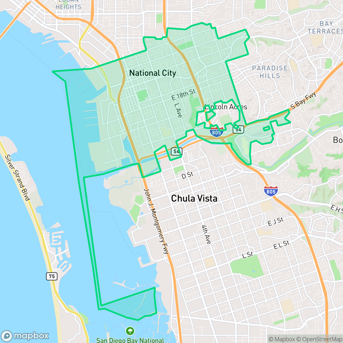 Map showing the location of National City, CA — coverage area