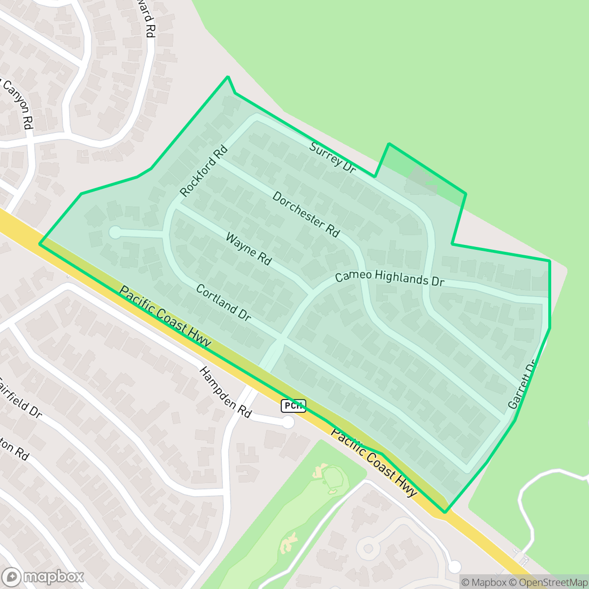 Map showing the location of Cameo Highlands, Newport Beach, CA